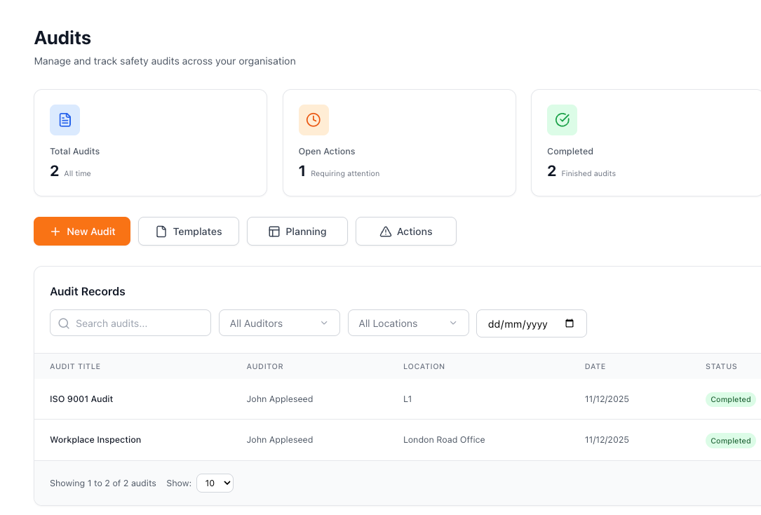 Safety Mate™ audits screen