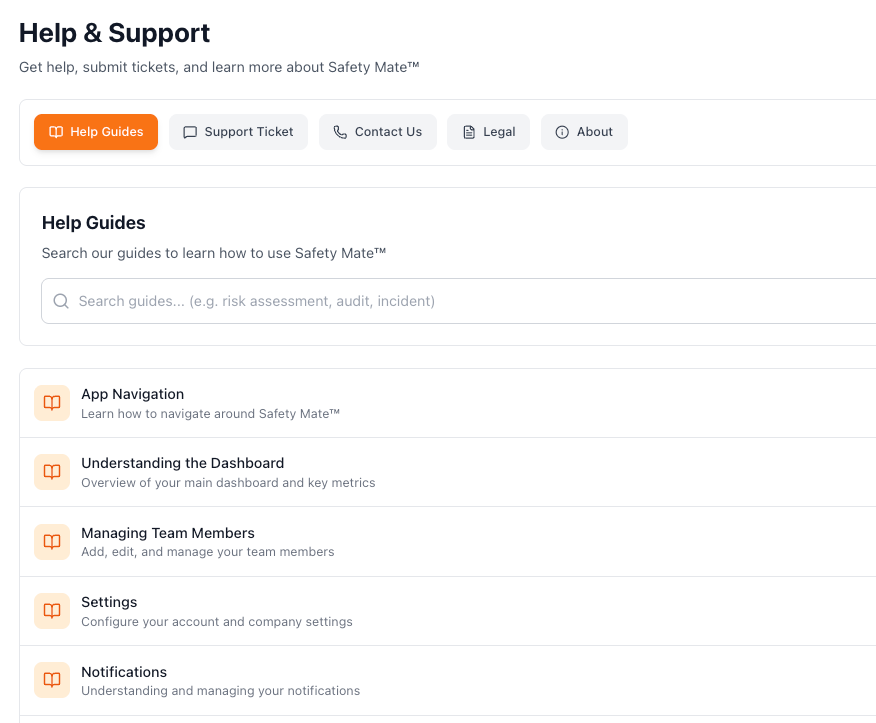 Safety Mate™ help and guides screen