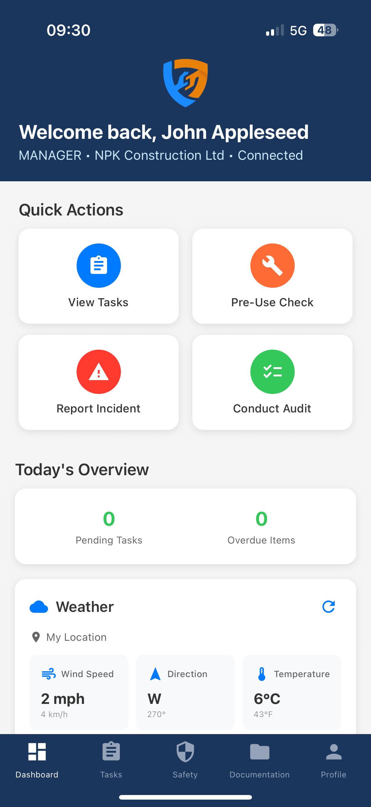 Safety Mate™ mobile app showing incident reporting and audit features